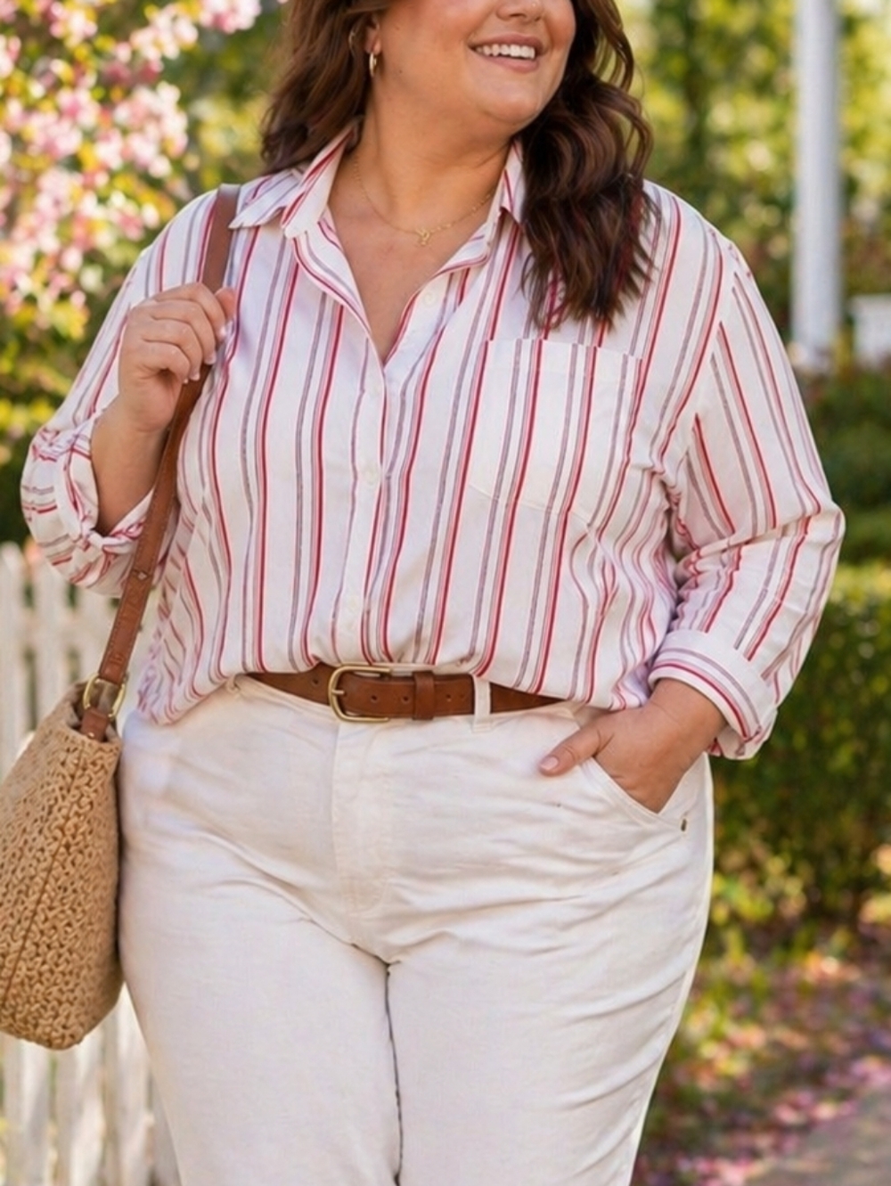 In Every Story Red & White Striped Cotton Blend Button Down Top